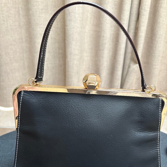 FRANCES VALENTINE BLACK DOCTOR-BAG HANDBAG (LEATHER + GOLD FRAME) - Picture 4 of 5
